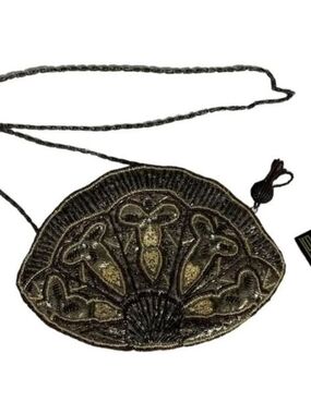 Beaded Fan-Shaped Evening Clutch/Purse - Black & Gold